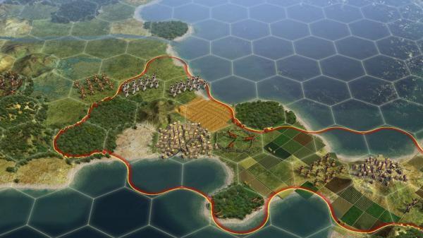 Screenshot from Sid Meier's Civilization V showing a coastal city, farmland, and military units on a hexagonal grid map.
