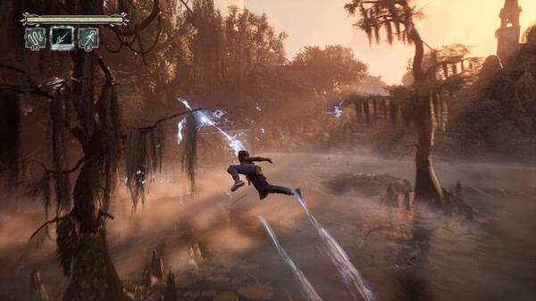 South of Midnight screenshot: A character leaps across a misty swamp, surrounded by glowing energy trails and dense trees.