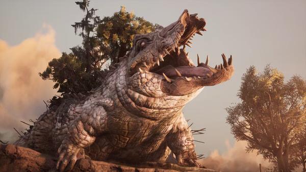 Screenshot from South of Midnight showing a massive, rocky crocodile with trees on its back, surrounded by clouds and foliage.