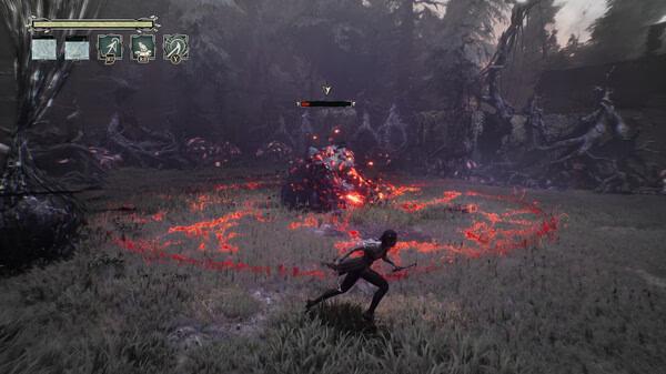South of Midnight screenshot: A character with a weapon approaches a glowing creature in a dark, forested area with red markings.