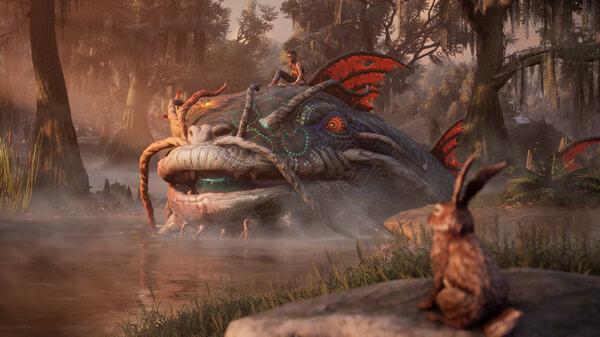 Screenshot from South of Midnight showing a giant, colorful creature in a swamp with a person and a rabbit nearby.