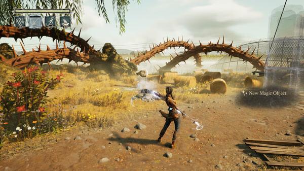 Screenshot from South of Midnight: A character stands in a grassy field with a glowing object, surrounded by twisted structures.