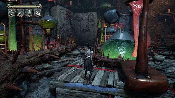 A screenshot from South of Midnight shows a character standing in a lab filled with colorful beakers and eerie wooden structures.