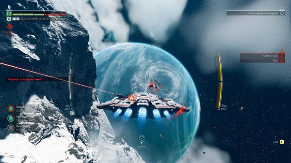 Jump Space screenshot: A spaceship navigates near a snowy mountain with a distant planet visible in the background.