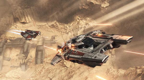 Jump Space screenshot: Two spacecrafts navigate a rocky terrain, firing lasers amidst a dusty environment.