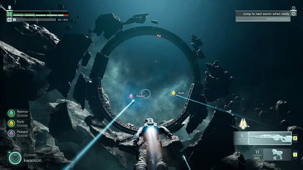 Screenshot of Jump Space showing a spaceship approaching a large, circular space structure surrounded by asteroids.