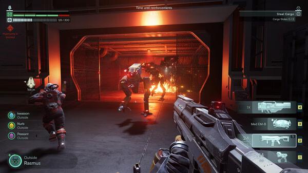 Jump Space screenshot: Players battle robotic enemies in a sci-fi corridor, with weapons, health bars, and HUD elements visible.