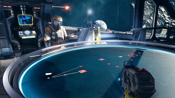 Screenshot from Jump Space showing a character in a space suit near a holographic table with a weapon in the foreground.