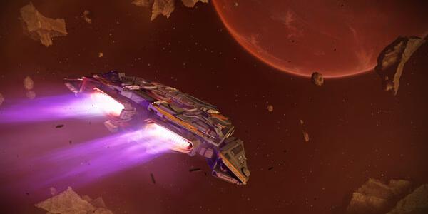 Jump Space screenshot: A spaceship with glowing engines navigates through an asteroid field near a large red planet.