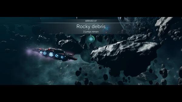 Jump Space screenshot: A spaceship navigates through an asteroid field labeled "Rocky debris" with two jumps remaining.