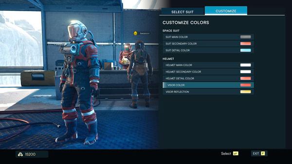Jump Space screenshot: Two characters stand in a futuristic room. One character is customizing suit colors on a screen.