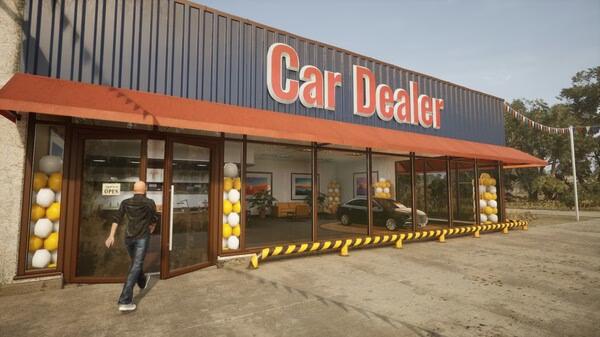 Screenshot from Car Dealer Simulator: A person approaches a showroom with cars visible through large glass windows.