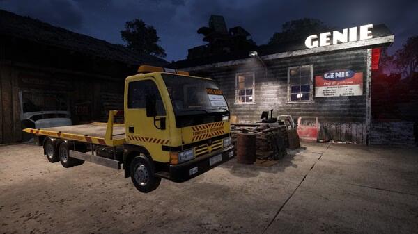 Screenshot from Car Dealer Simulator showing a yellow tow truck parked outside a rustic dealership named Genie at night.