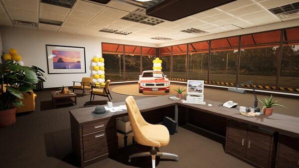 Screenshot from Car Dealer Simulator showing a showroom with a red car, desk, chair, and balloons in a sunlit room.