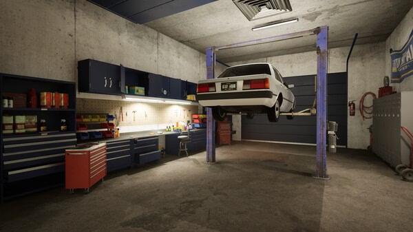 Screenshot from Car Dealer Simulator showing a car lifted on a hydraulic lift in a detailed garage setting.