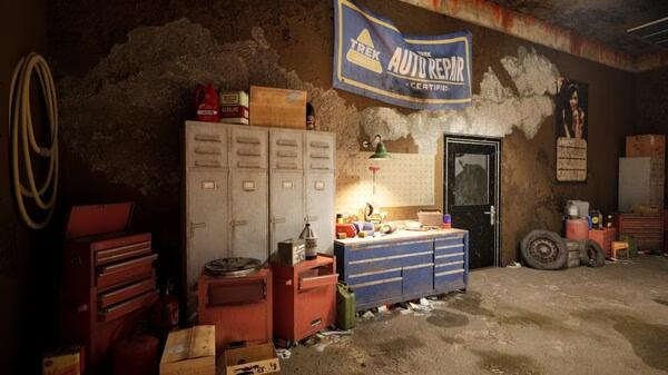 Screenshot from Car Dealer Simulator showing a cluttered garage with tool cabinets, a workbench, and an auto repair banner.