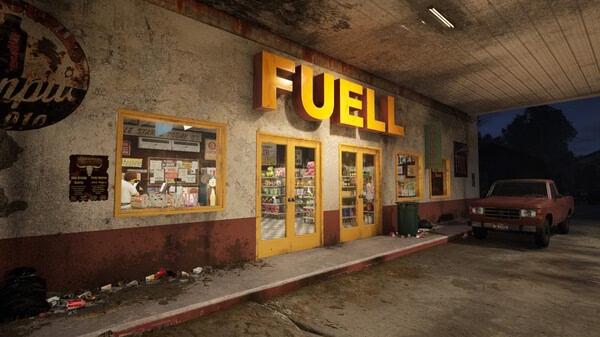 Screenshot from Car Dealer Simulator: A weathered gas station exterior with a red truck parked nearby under a dimly lit canopy.