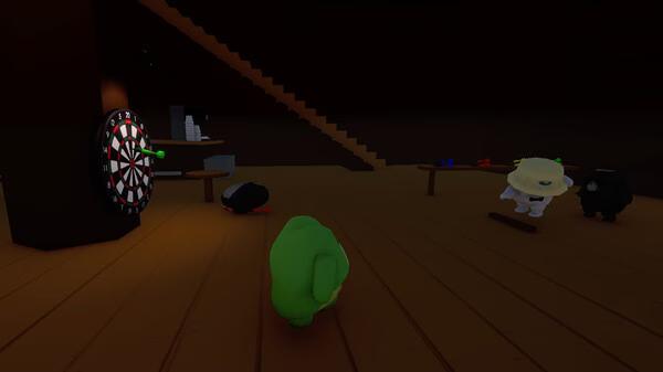 Screenshot from Sledding Game showing colorful characters in a dimly lit room with a dartboard and scattered objects.