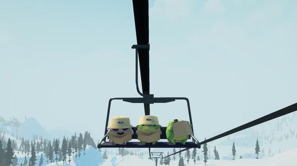 Screenshot from Sledding Game showing three cartoon characters in hats riding a ski lift over snowy mountains and pine trees.