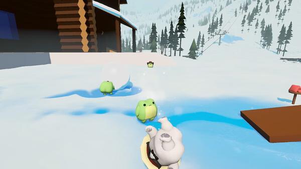 Sledding Game screenshot: A character sledding downhill with snow, trees, and green creatures visible in the snowy landscape.