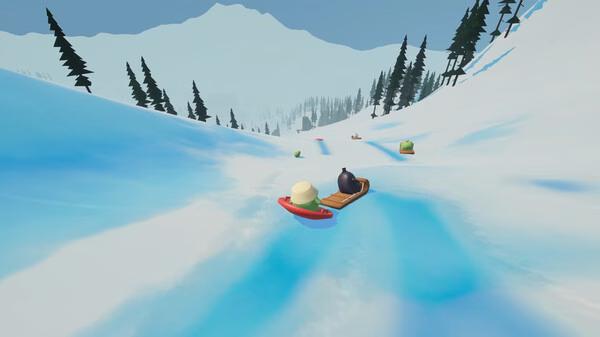 Screenshot from Sledding Game showing colorful sleds racing downhill on a snowy mountain path surrounded by trees.