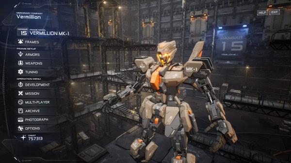 M.A.S.S. Builder screenshot showing a customized mech in a futuristic hangar with menus and options displayed on the left.