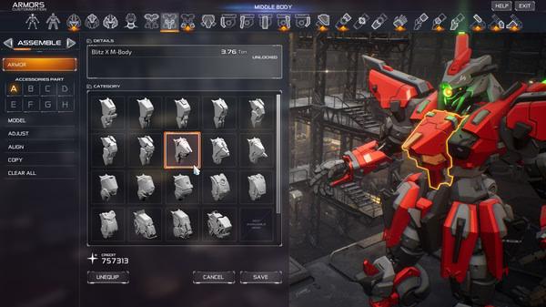 Screenshot of M.A.S.S. Builder showing a robotic suit customization menu with various armor parts displayed.