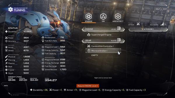 M.A.S.S. Builder screenshot showing a mech customization menu with stats, equipment options, and tuning categories displayed.