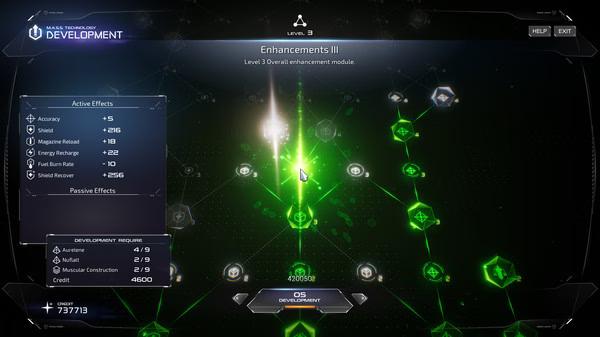 M.A.S.S. Builder screenshot showing the development screen with green nodes, active effects, and a Level 3 enhancement module.