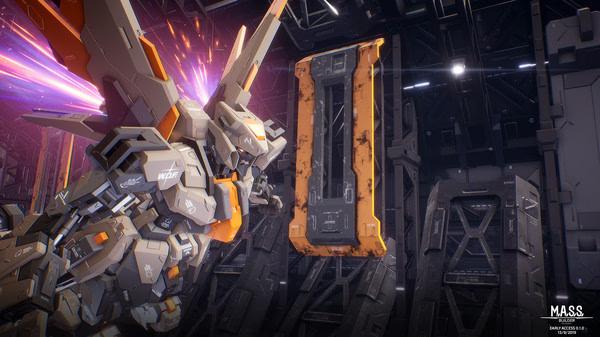 M.A.S.S. Builder screenshot: A mech with orange accents faces a tall, rusted structure in a dimly lit, futuristic environment.