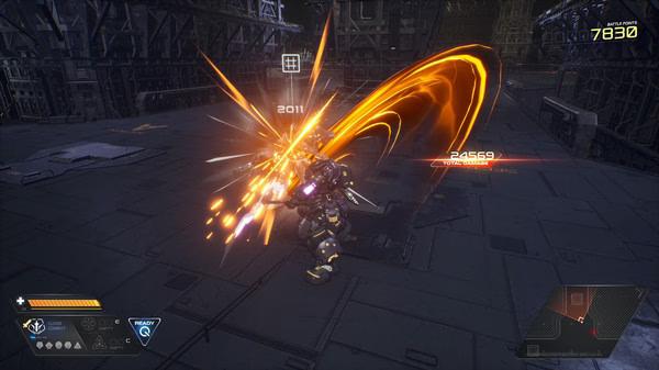 Screenshot from M.A.S.S. Builder showing a mecha launching an orange energy attack on an opponent in a futuristic arena.