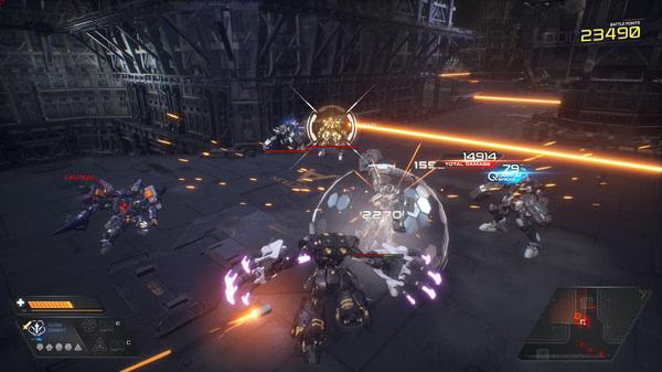Screenshot from M.A.S.S. Builder showing mechs in combat on a futuristic battleground with glowing weapons and health indicators.