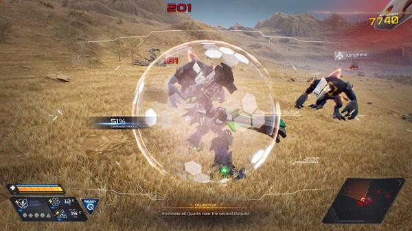 M.A.S.S. Builder screenshot: A mech in a hexagonal shield battles alien creatures in a desert landscape with UI elements visible.