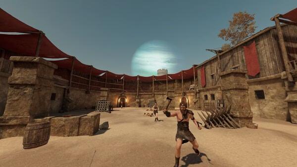 Blade and Sorcery screenshot: A warrior in a sandy arena prepares to fight, surrounded by wooden barriers and red canopies.