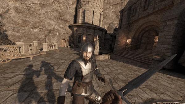 Blade and Sorcery screenshot: A medieval knight stands ready in a stone courtyard, holding a sword, with castle walls in view.