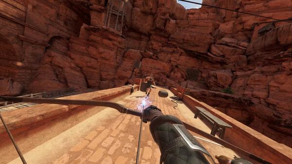 Blade and Sorcery screenshot showing a player aiming a glowing bow at an enemy on a stone bridge in a canyon environment.