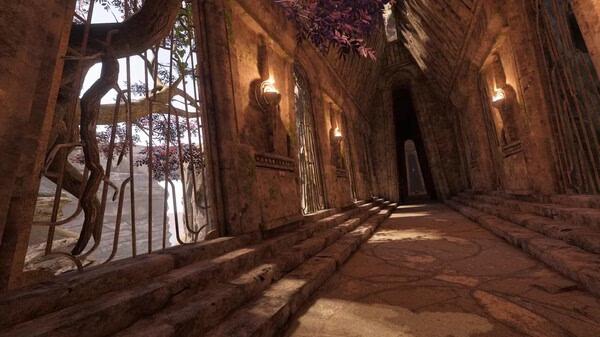 Screenshot from Blade and Sorcery showing a stone hallway with glowing wall sconces and intricate tree branches visible outside.