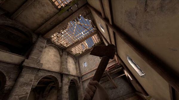 Blade and Sorcery screenshot: A hand holds a rusty axe inside a stone building with a damaged roof, revealing the sky above.