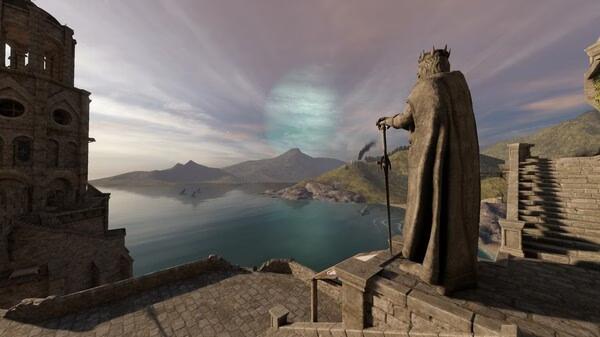 A screenshot from Blade and Sorcery showing a stone statue of a king overlooking a scenic view of mountains and a calm lake.