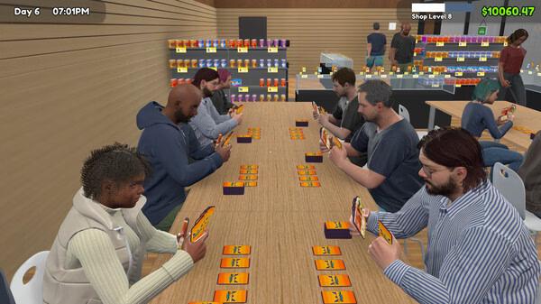 Screenshot from TCG Card Shop Simulator showing players seated at a table, holding cards, with shelves of merchandise in the background.