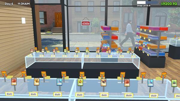 TCG Card Shop Simulator screenshot: A shop interior with display cases of trading cards, shelves of products, and a "Closed" sign visible.