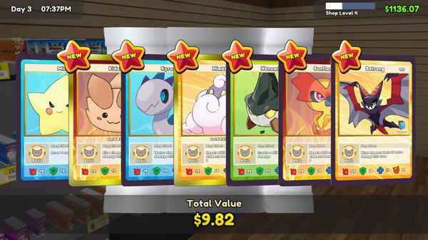 Screenshot of TCG Card Shop Simulator showing seven cards on display with a total value of $9.82.