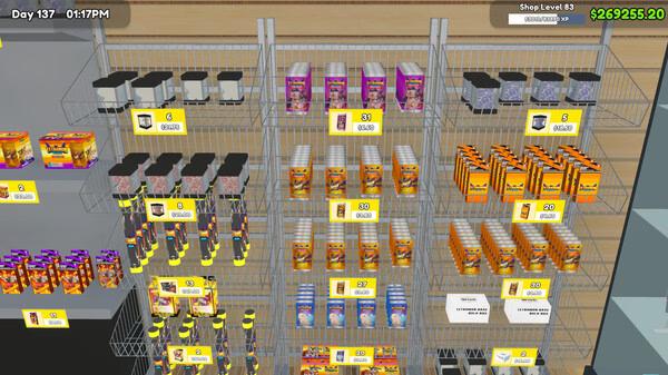 Screenshot from TCG Card Shop Simulator showing shelves stocked with various trading card boxes and booster packs.