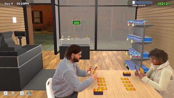 Screenshot from TCG Card Shop Simulator: Two people examine cards at a table inside a modern card shop.