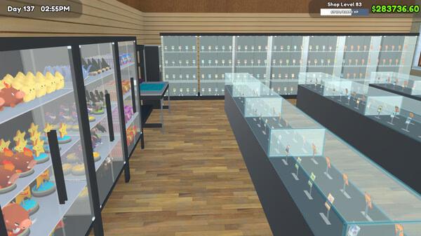 Screenshot from TCG Card Shop Simulator: Glass displays filled with trading cards and figurines in a virtual shop setting.