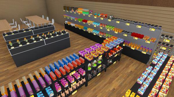 Screenshot of TCG Card Shop Simulator showing a colorful store interior with shelves stocked with trading cards and collectibles.