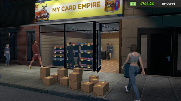 Screenshot from TCG Card Shop Simulator showing a storefront with boxes outside and people walking by on the street.