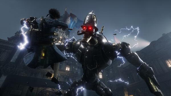 Screenshot from 'Lies Of P': A character in a blue coat battles a large, electrified robot with glowing red eyes.