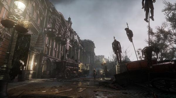 Lies Of P screenshot: A haunting street scene with hanging puppets, eerie architecture, and a lone figure in the distance.