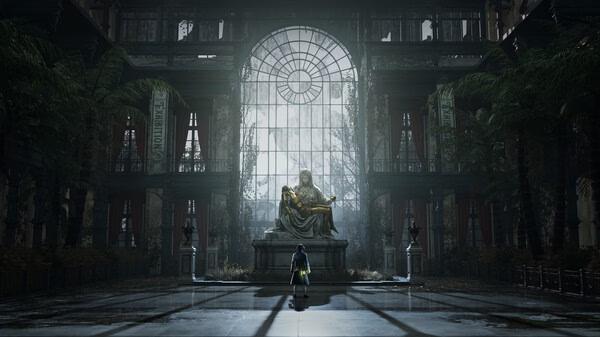 A 'Lies Of P' screenshot shows a character approaching a grand statue in a dimly lit, ornate hall with large arched windows.